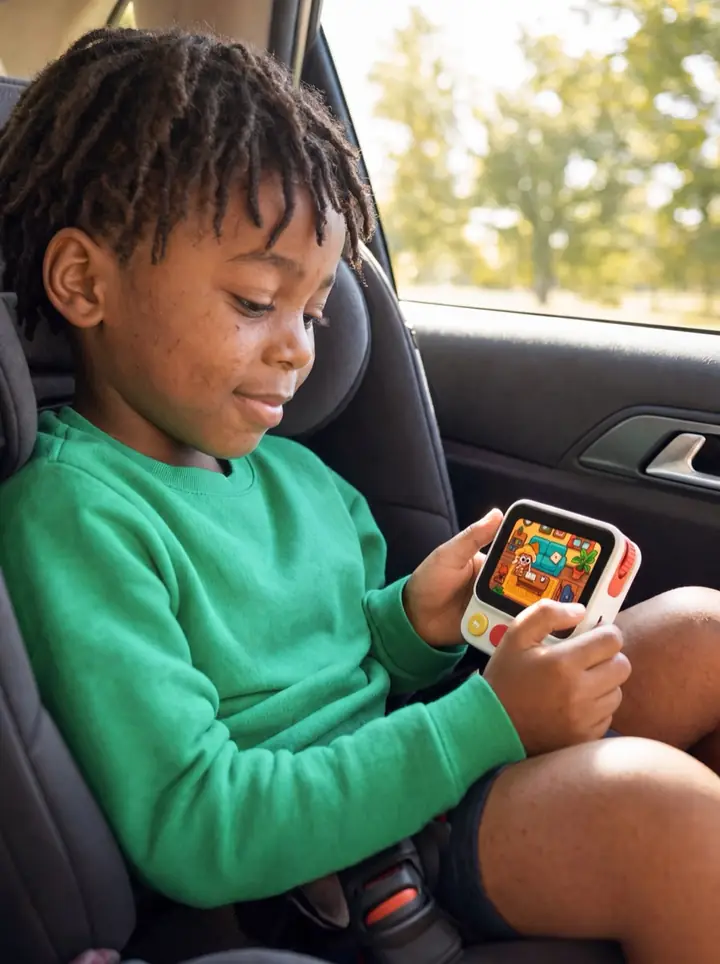 A boy in a car seat looking down at his Nowa pet