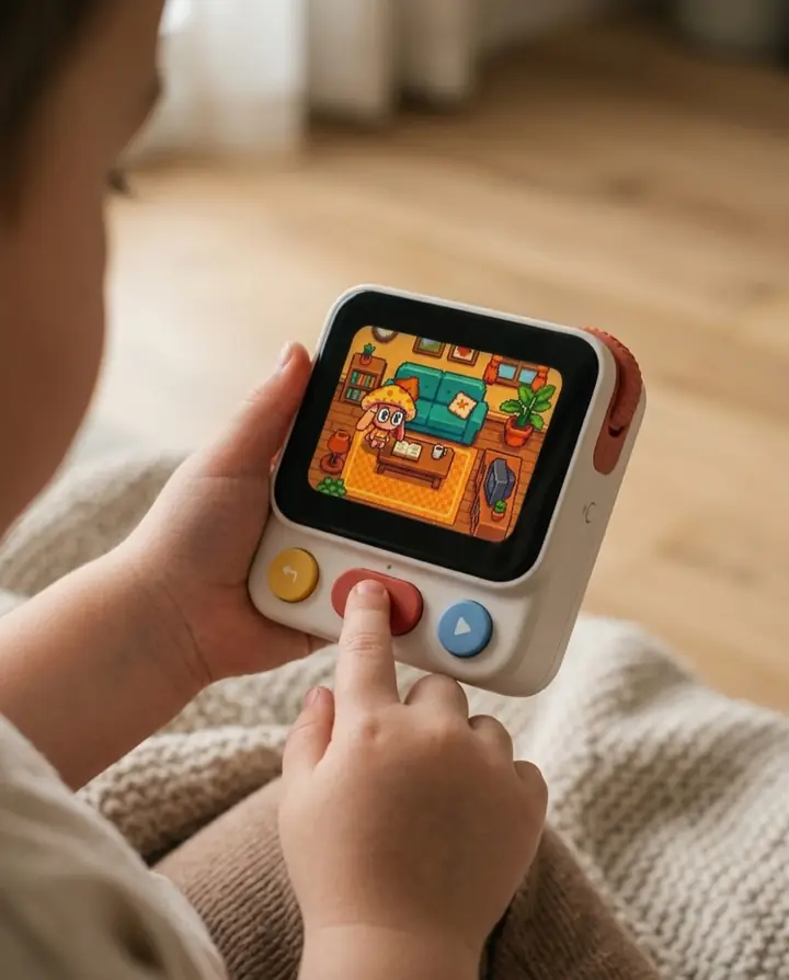 Close-up of a child's hands holding the Nowa device and pressing a button