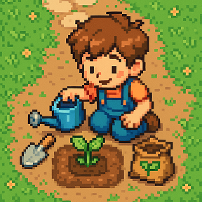 Pixel-art scene: a child watering a sprout