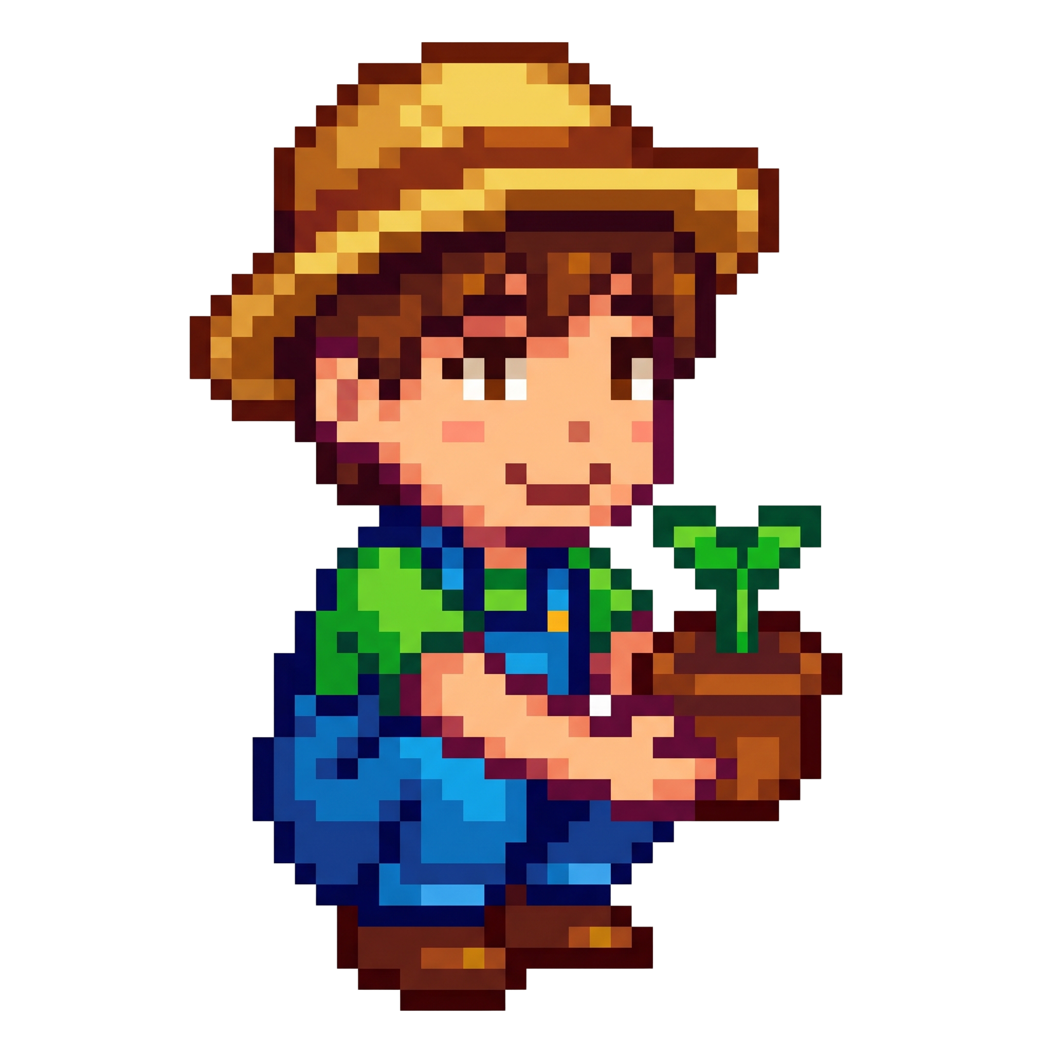 Pixel-art scene of a child watering a sprout