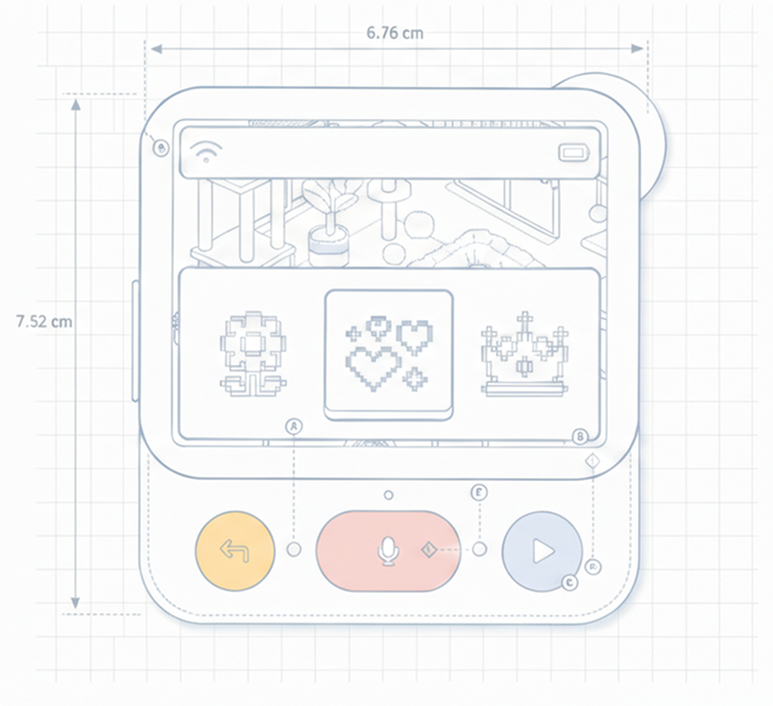 Technical blueprint of the Nowa device, 6.76 by 7.52 centimeters, with three buttons